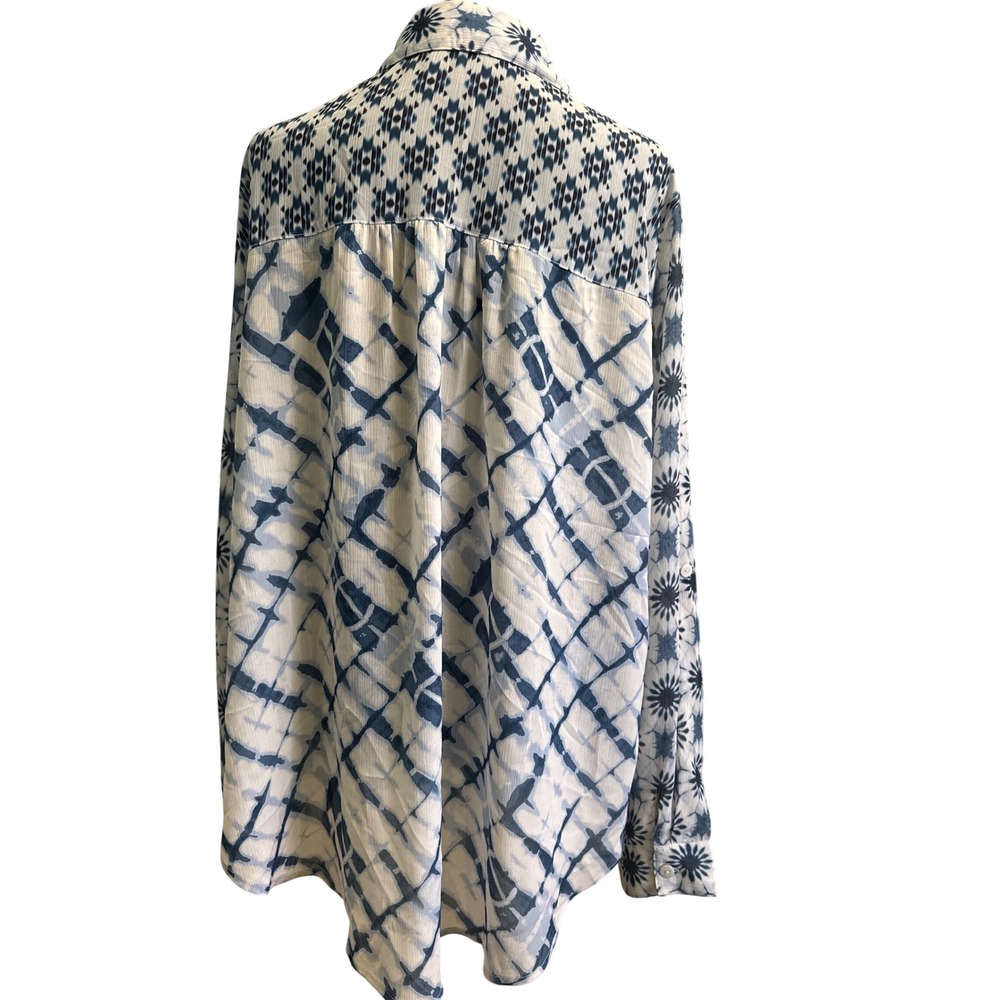 Charlie B Womens XL Blue White Tie Dye Sunburst Button Up Roll Tab Sleeve Tunic - Picture 2 of 3